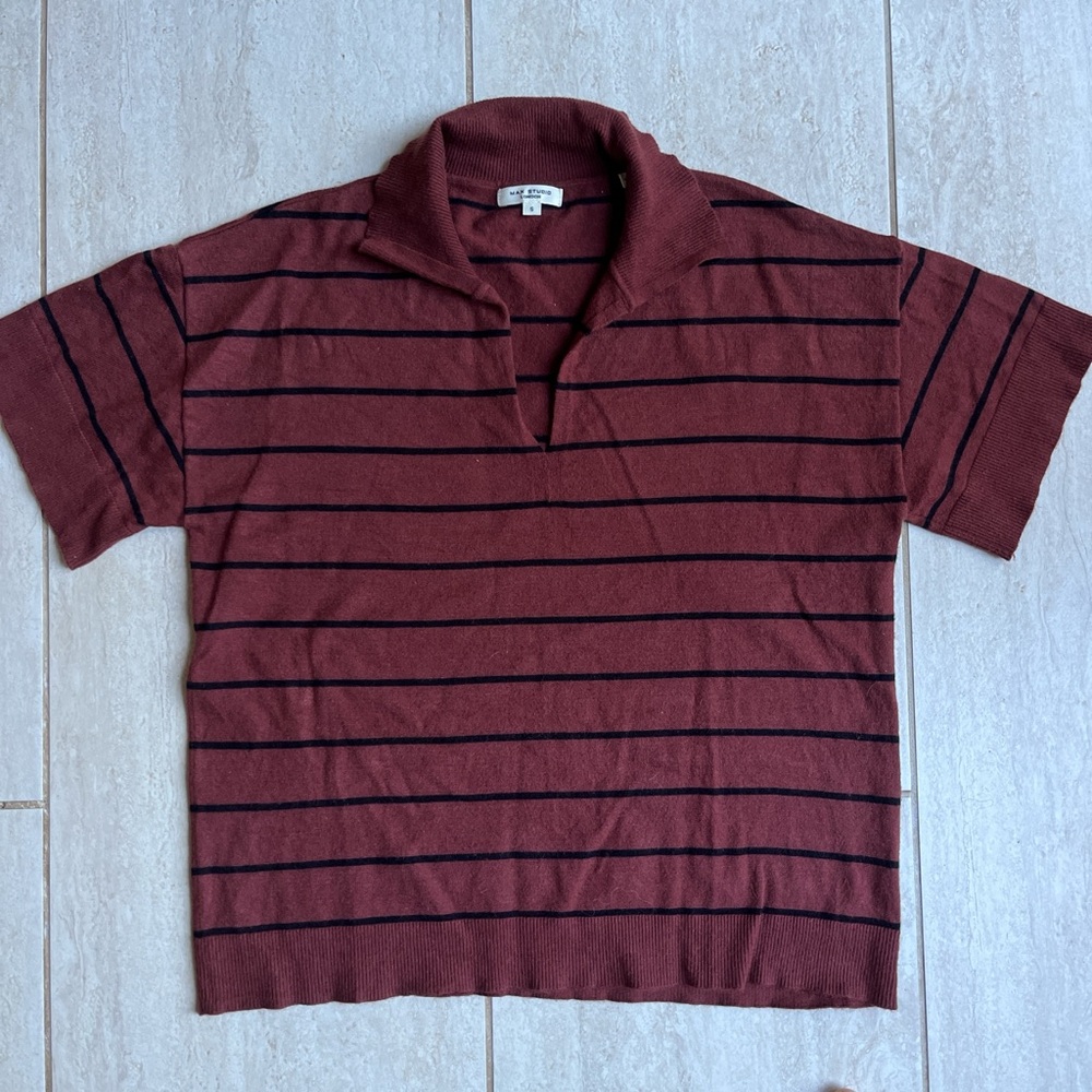 Max Studio Burgundy Striped Knit Polo Sweater | Minimalist Parisian Academia